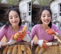 女星秦雪无戏可拍回农村！院里掰玉米动作麻溜，顶一头乱发接地气