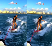 54岁孙浩海上冲浪太潇洒！一身紧实肌肉不显老，表情紧张怕摔倒