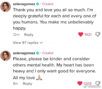赛琳娜Selena Gomez在社交平台上留言感谢粉丝……