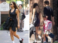 伊莲娜牵6岁女儿，1家3口重聚！穿吊带裙秀美腿，与前夫保持距离