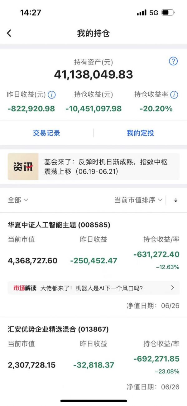 许林的持仓基金持续亏损，6月26日就亏损82万。