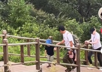 撒贝宁带龙凤胎宝宝爬山，俩娃混血感十足太可爱，李白长腿吸睛