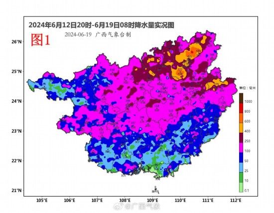 据广西气象部门统计， 6月12日20时以来，桂林、柳州、河池、贺州、来宾、南宁、百色、崇左等地出现暴雨到大暴雨、局地特大暴雨。受持续强降雨影响，6月19日早晨，桂林水文中心一度升级发布洪水红色预警。