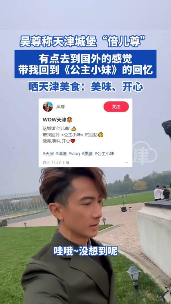 近日,吴尊发视频称天津城堡“倍儿尊”:有点去到国外的感觉…