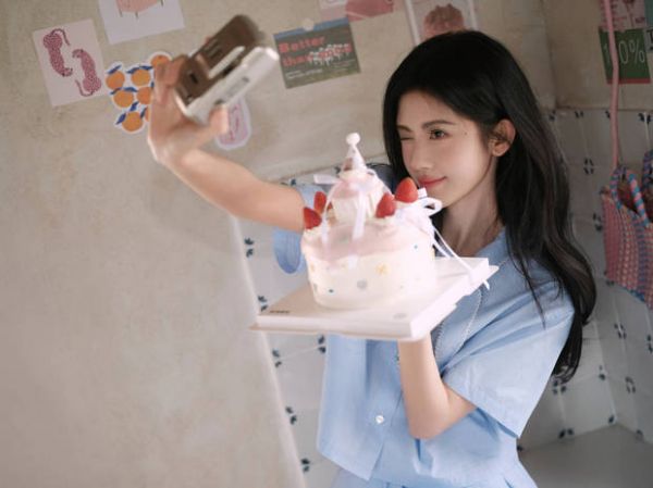 鞠婧祎举着蛋糕自拍，wink、甜笑，元气满满。