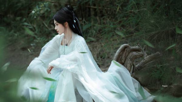 鞠婧祎竹林白衣造型气质好。