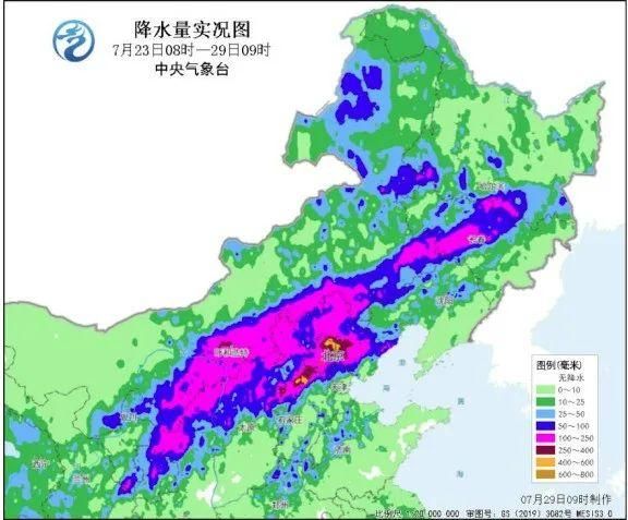 降水量实况图（2025年7月23日08时至29日09时）来源：中央气象台