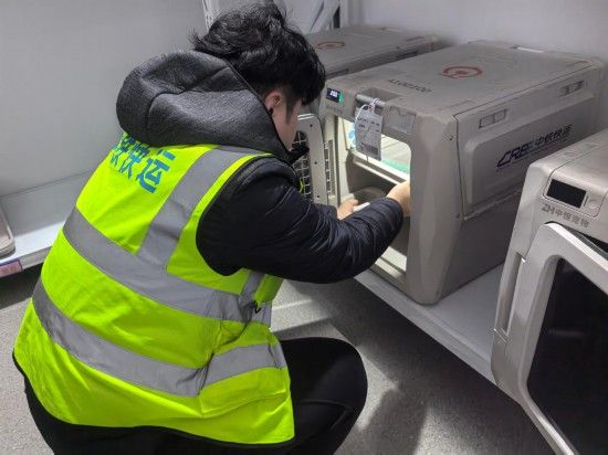 工作人员在整理宠物运输箱。新华社发