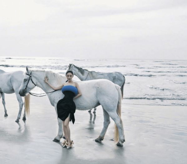 杨幂在海边与白马互动，简约造型衬得神态松弛自然。