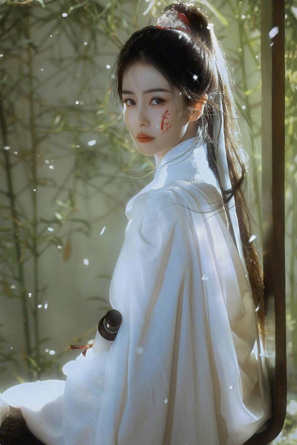 白鹿在竹林飞雪中回眸，清冷决绝。