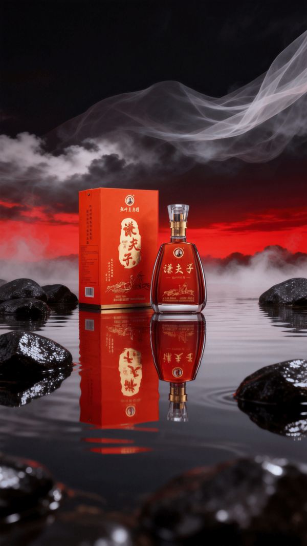 jimeng-2026-01-05-8576-酒水场景商业拍摄，新中式风格，这个酒，超广角镜头，水面，反射，唯美，背景黑红渐变...._0.png