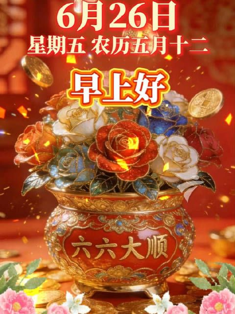 早上好！今天是六月二十六日，祝您六六大顺！