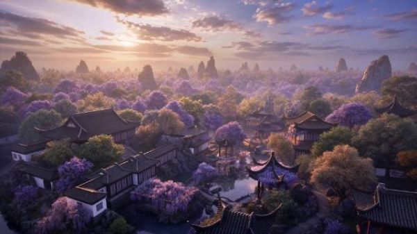 紫藤花下黎王摩挲玉佩，叶璃淡紫衣裙相映成画